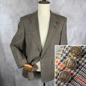 Daks London Blazer Jacket Men 40R Houndstooth Windowpane Gold Button Sport Coat